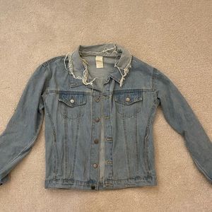 Shein jean jacket with distressed sleeved and collar. Size Larger